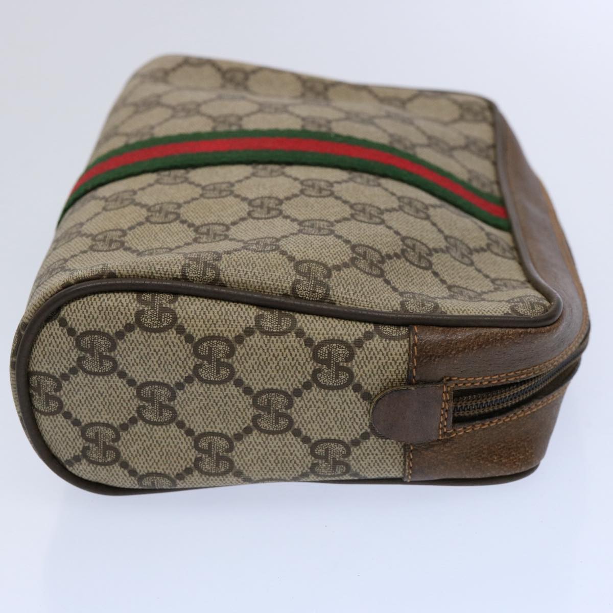 GUCCI GG Supreme Web Sherry Line Clutch Bag PVC Leather Beige Red Auth yk9652