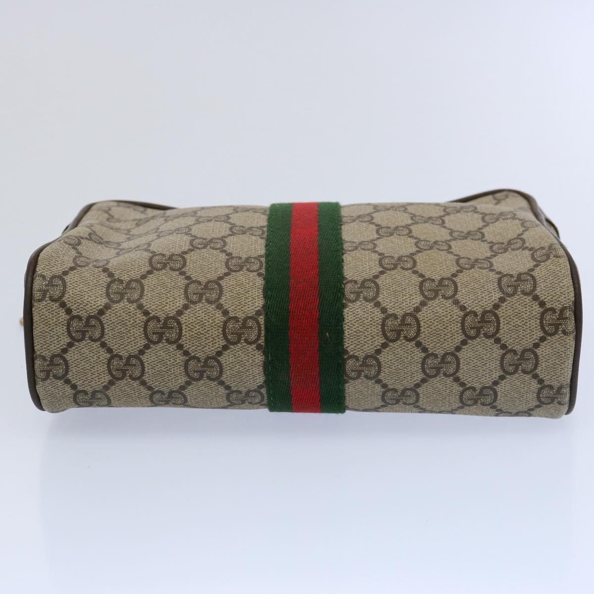 GUCCI GG Supreme Web Sherry Line Clutch Bag PVC Leather Beige Red Auth yk9652