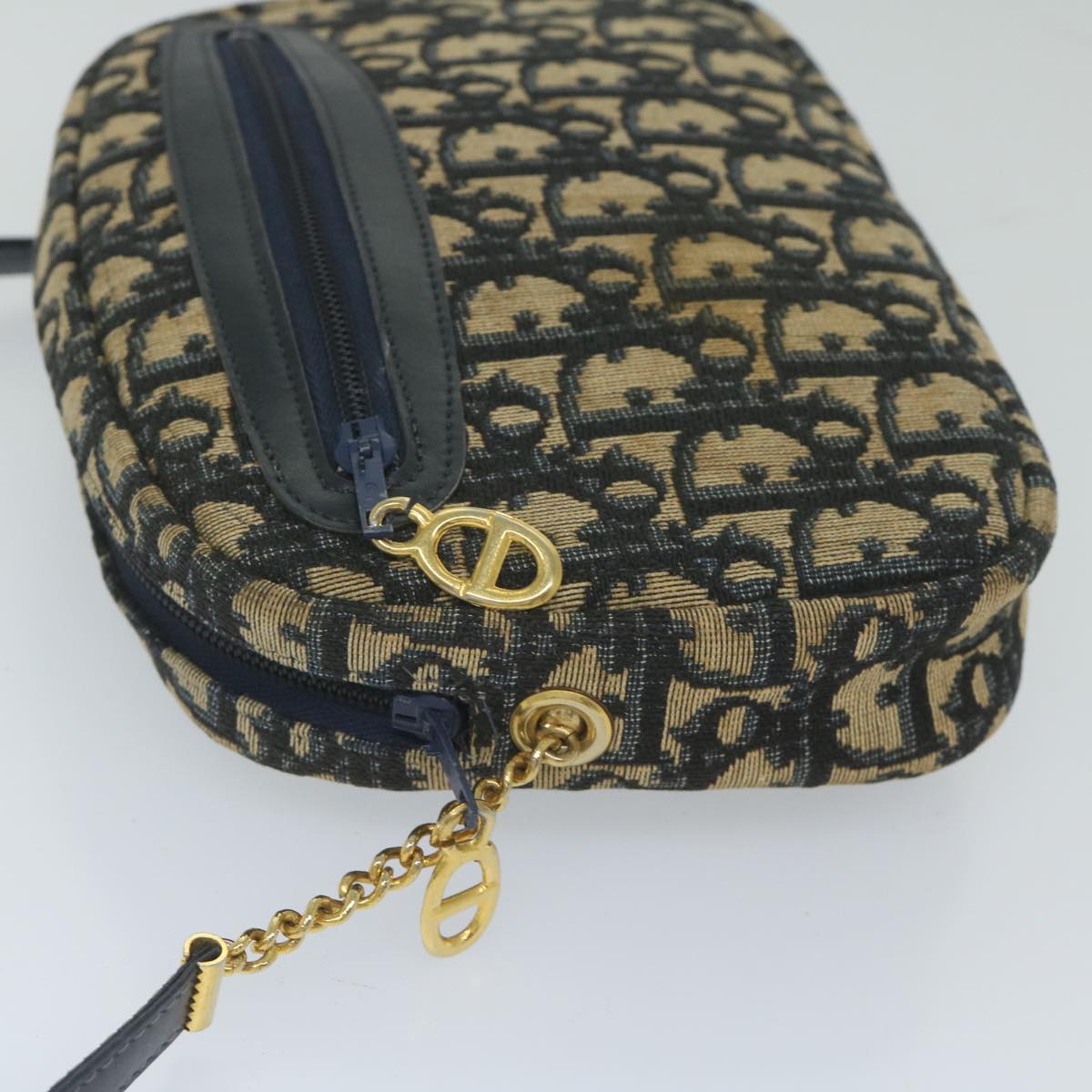 Christian Dior Trotter Canvas Chain Shoulder Bag Navy Auth yk9686