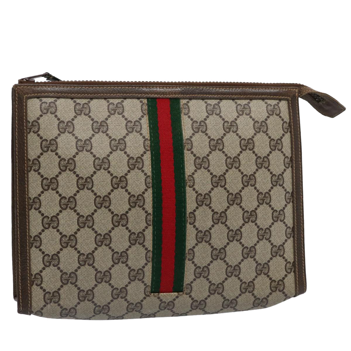 GUCCI GG Supreme Web Sherry Line Clutch Bag PVC Leather Beige Red Auth yk9761