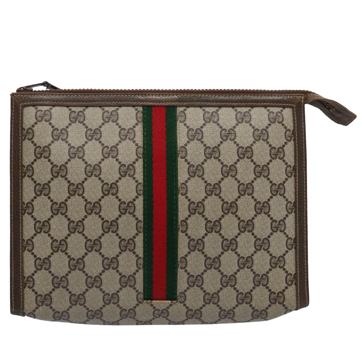 GUCCI GG Supreme Web Sherry Line Clutch Bag PVC Leather Beige Red Auth yk9761