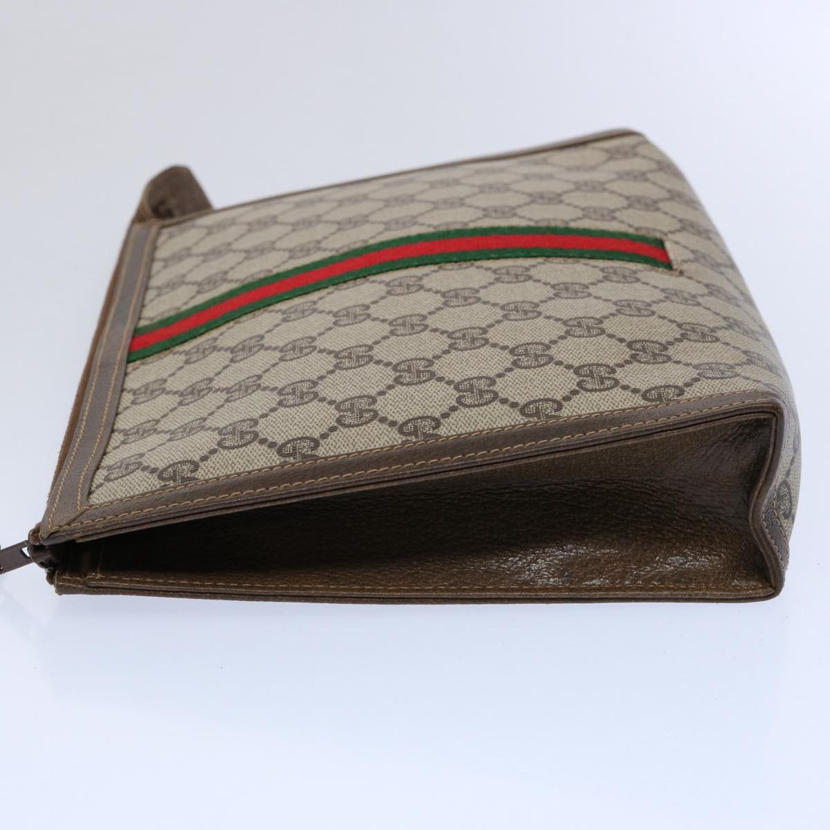 GUCCI GG Supreme Web Sherry Line Clutch Bag PVC Leather Beige Red Auth yk9761