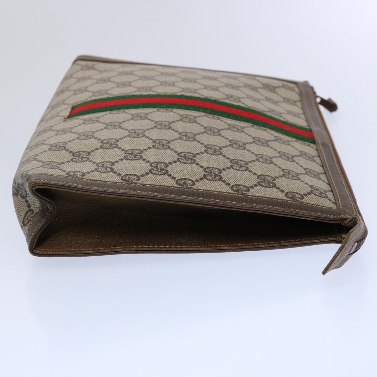 GUCCI GG Supreme Web Sherry Line Clutch Bag PVC Leather Beige Red Auth yk9761