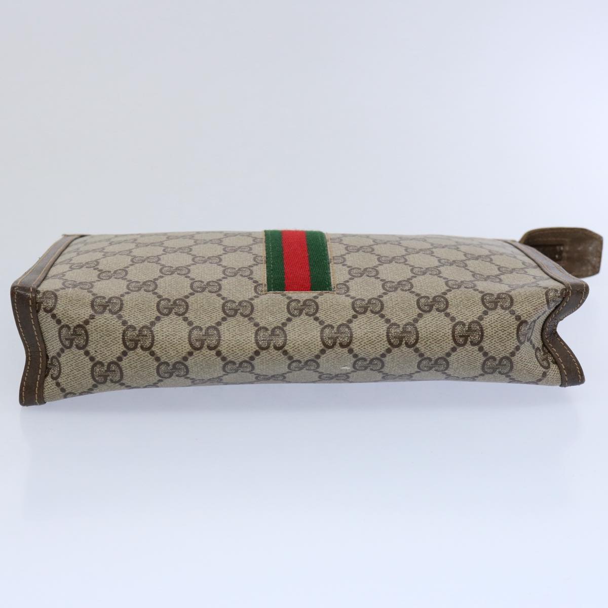 GUCCI GG Supreme Web Sherry Line Clutch Bag PVC Leather Beige Red Auth yk9761