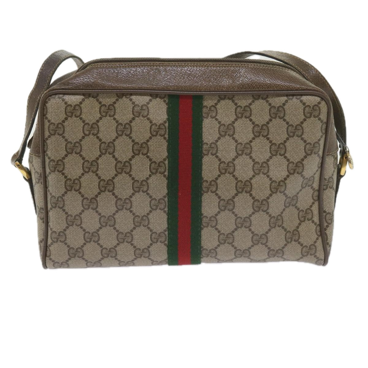 GUCCI GG Canvas Web Sherry Line Shoulder Bag PVC Beige Green Red Auth yk9773