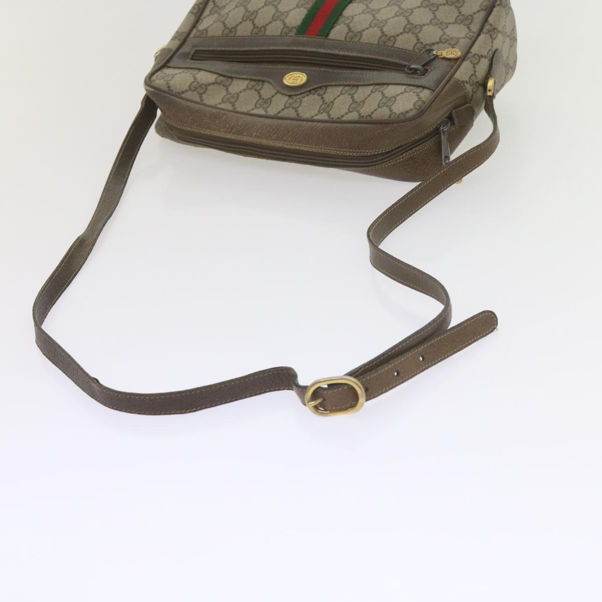 GUCCI GG Canvas Web Sherry Line Shoulder Bag PVC Beige Green Red Auth yk9773