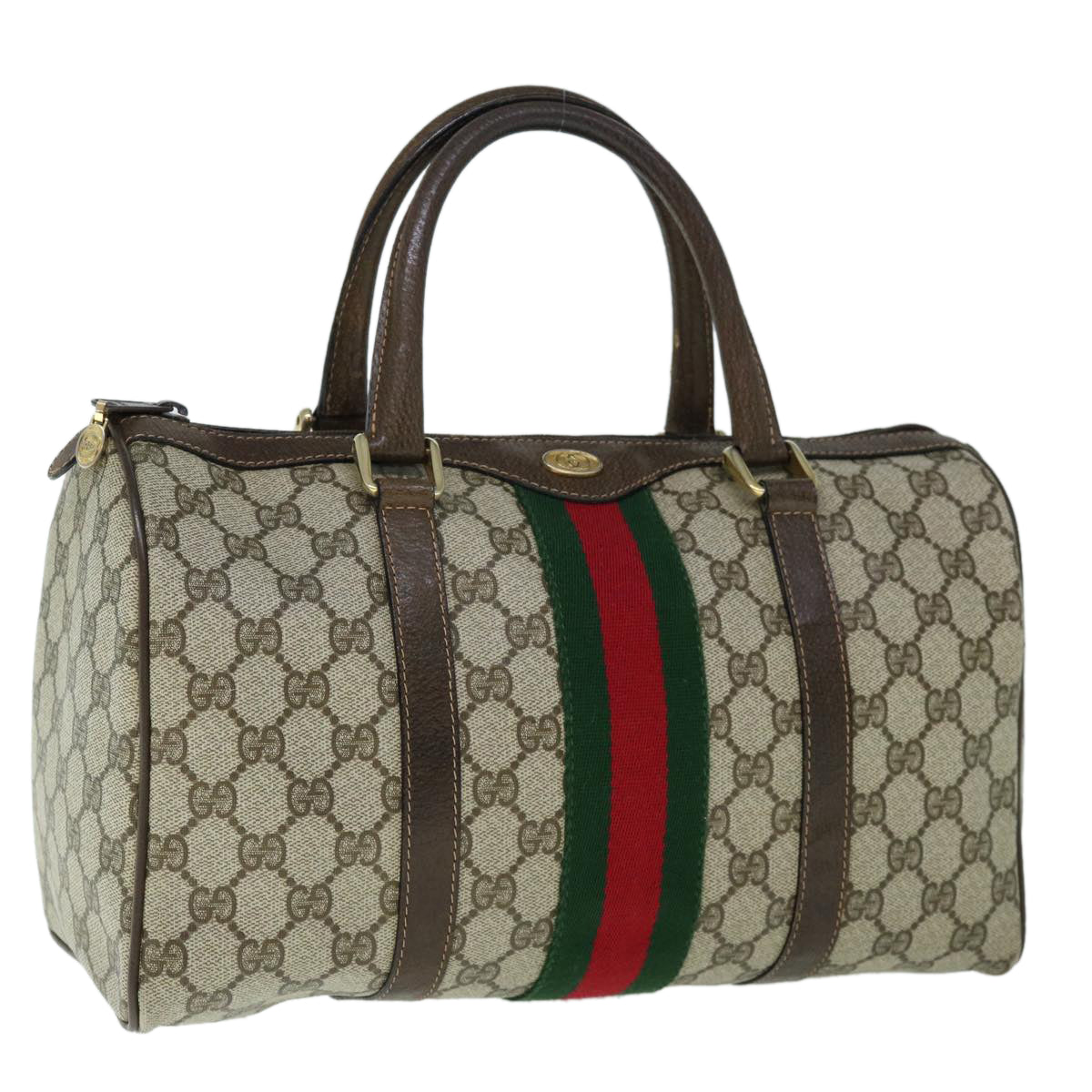 GUCCI GG Canvas Web Sherry Line Boston Bag PVC Beige Green Red Auth yk9774