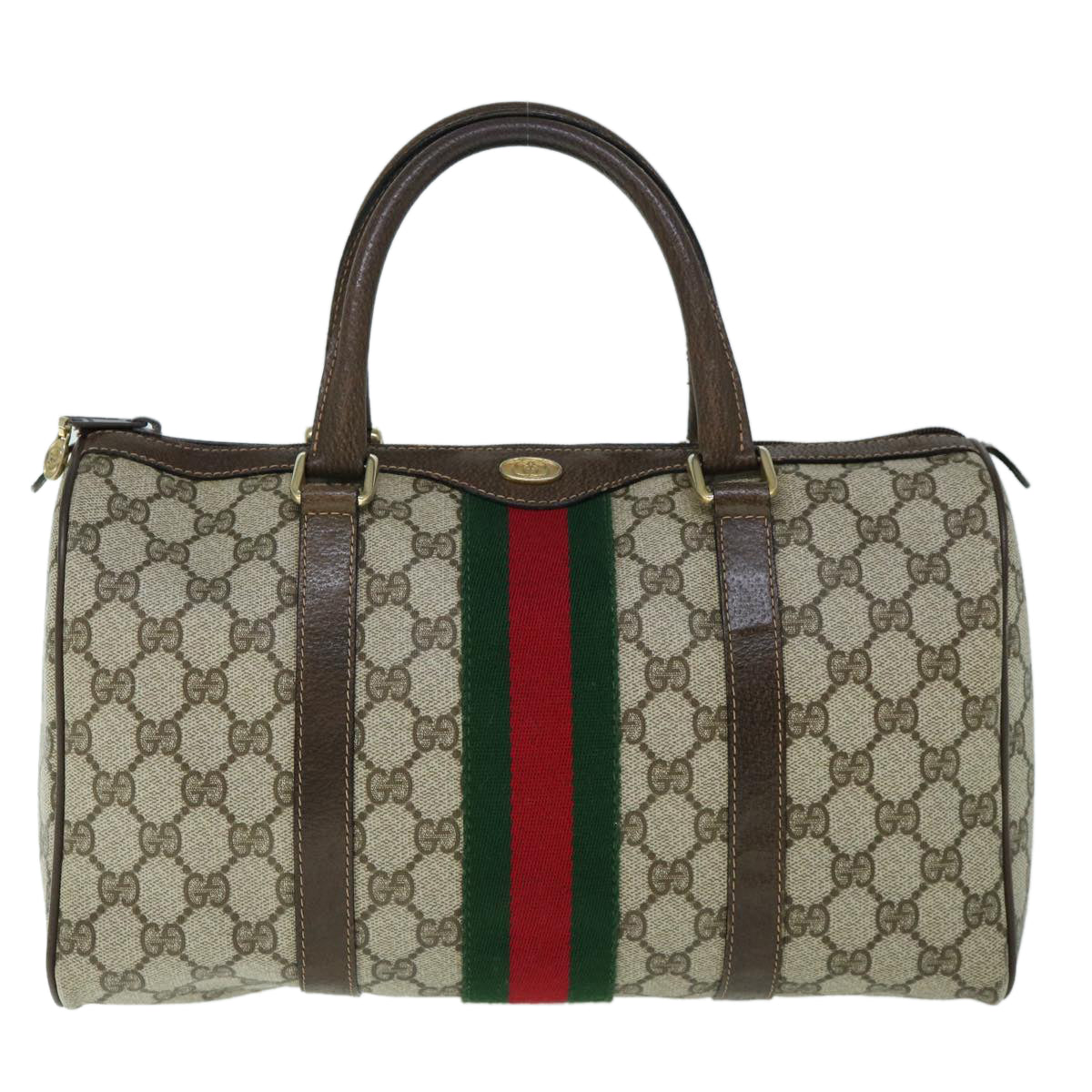 GUCCI GG Canvas Web Sherry Line Boston Bag PVC Beige Green Red Auth yk9774