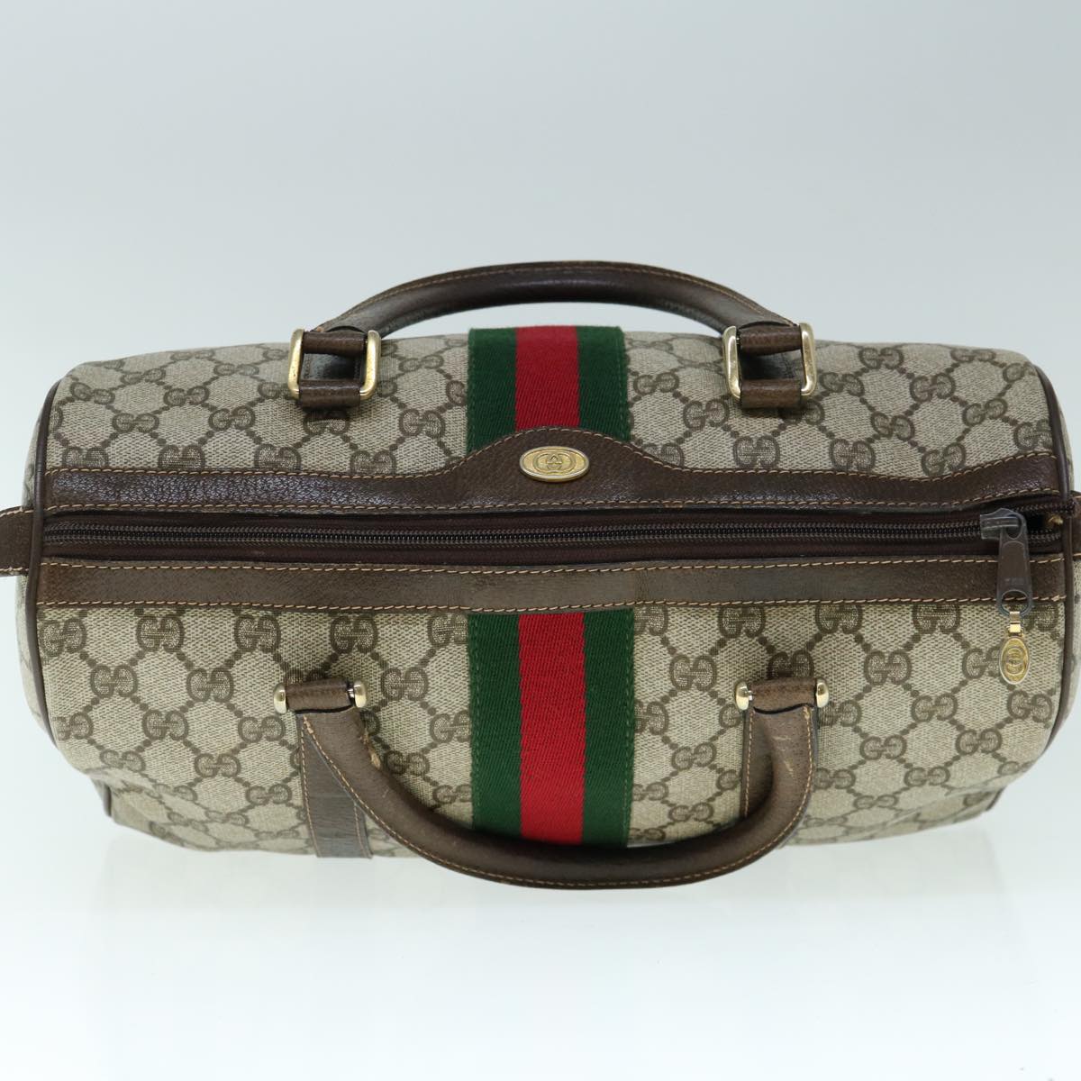 GUCCI GG Canvas Web Sherry Line Boston Bag PVC Beige Green Red Auth yk9774