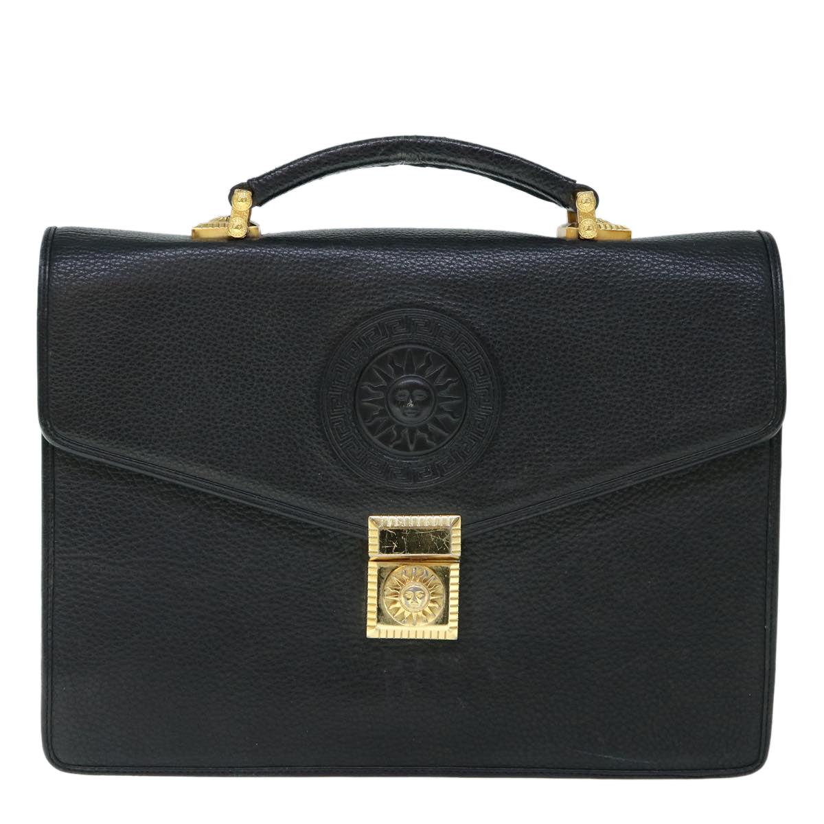 VERSACE Hand Bag Leather Black Auth yk9783