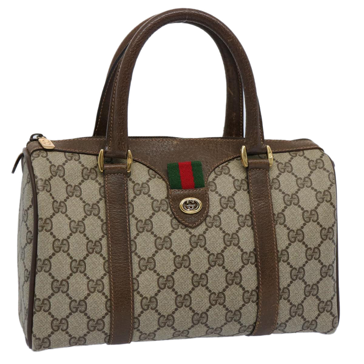 GUCCI GG Canvas Web Sherry Line Boston Bag PVC Beige Green Red Auth yk9834