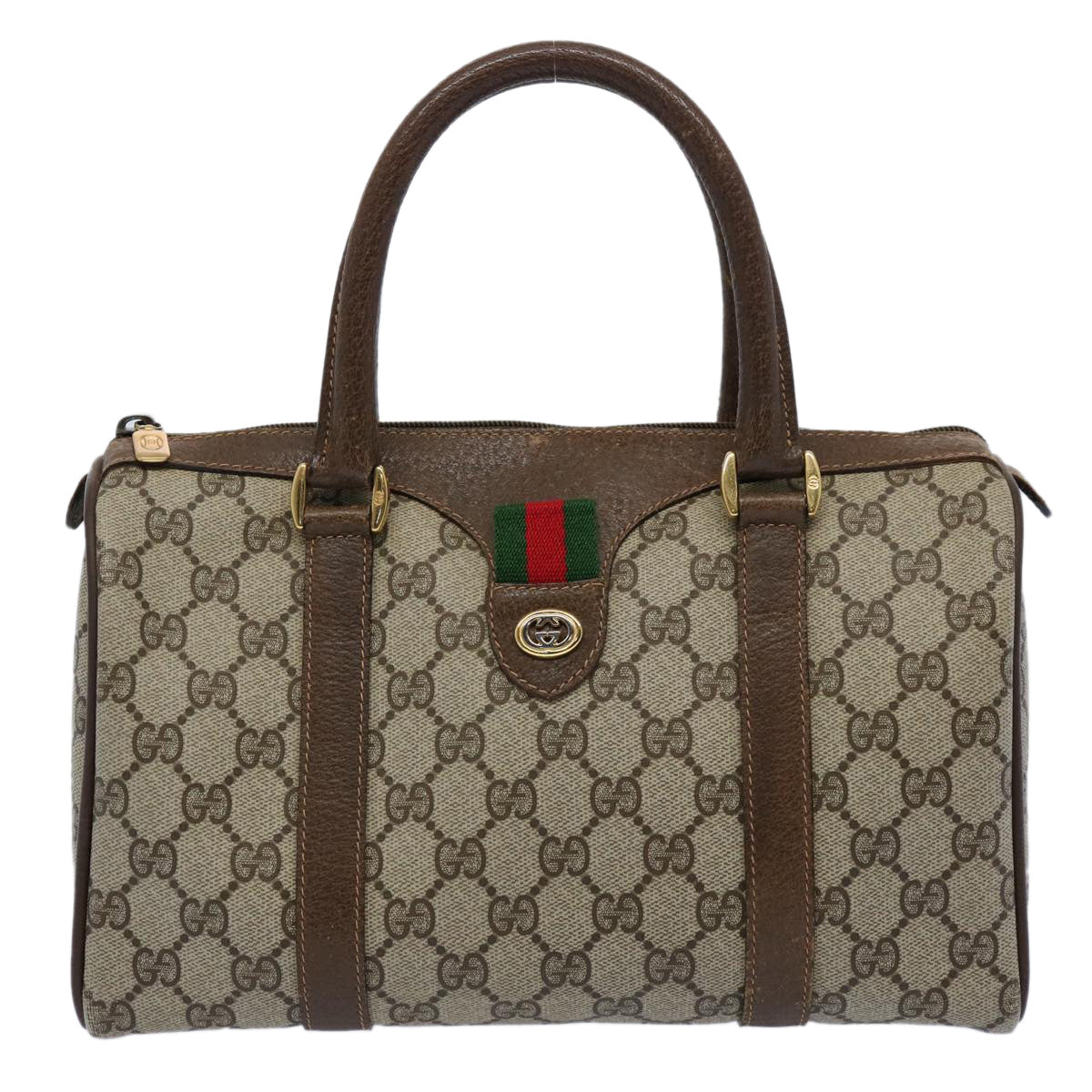 GUCCI GG Canvas Web Sherry Line Boston Bag PVC Beige Green Red Auth yk9834