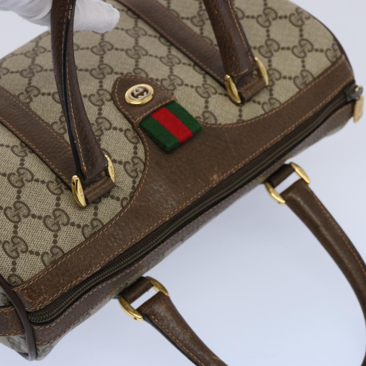 GUCCI GG Canvas Web Sherry Line Boston Bag PVC Beige Green Red Auth yk9834