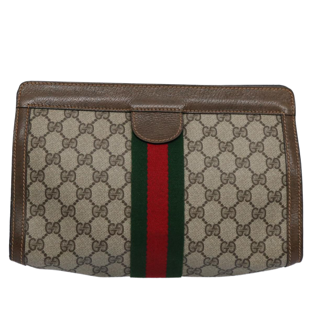 GUCCI GG Supreme Web Sherry Line Clutch Bag Beige Red 64 014 2125 28 Auth yk9835 - 0