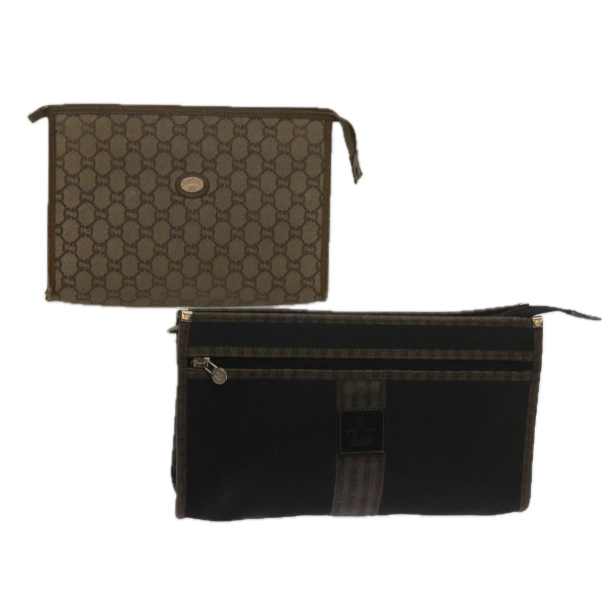 GUCCI Fendi Micro GG Canvas Clutch Bag PVC 2Set Beige Auth yk9852