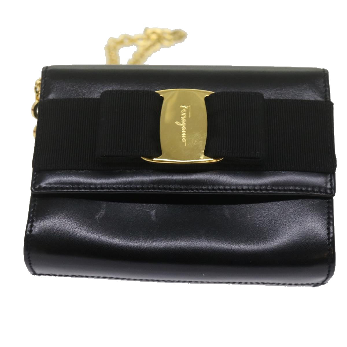 Salvatore Ferragamo Chain Shoulder Bag Leather Black Auth yk9918