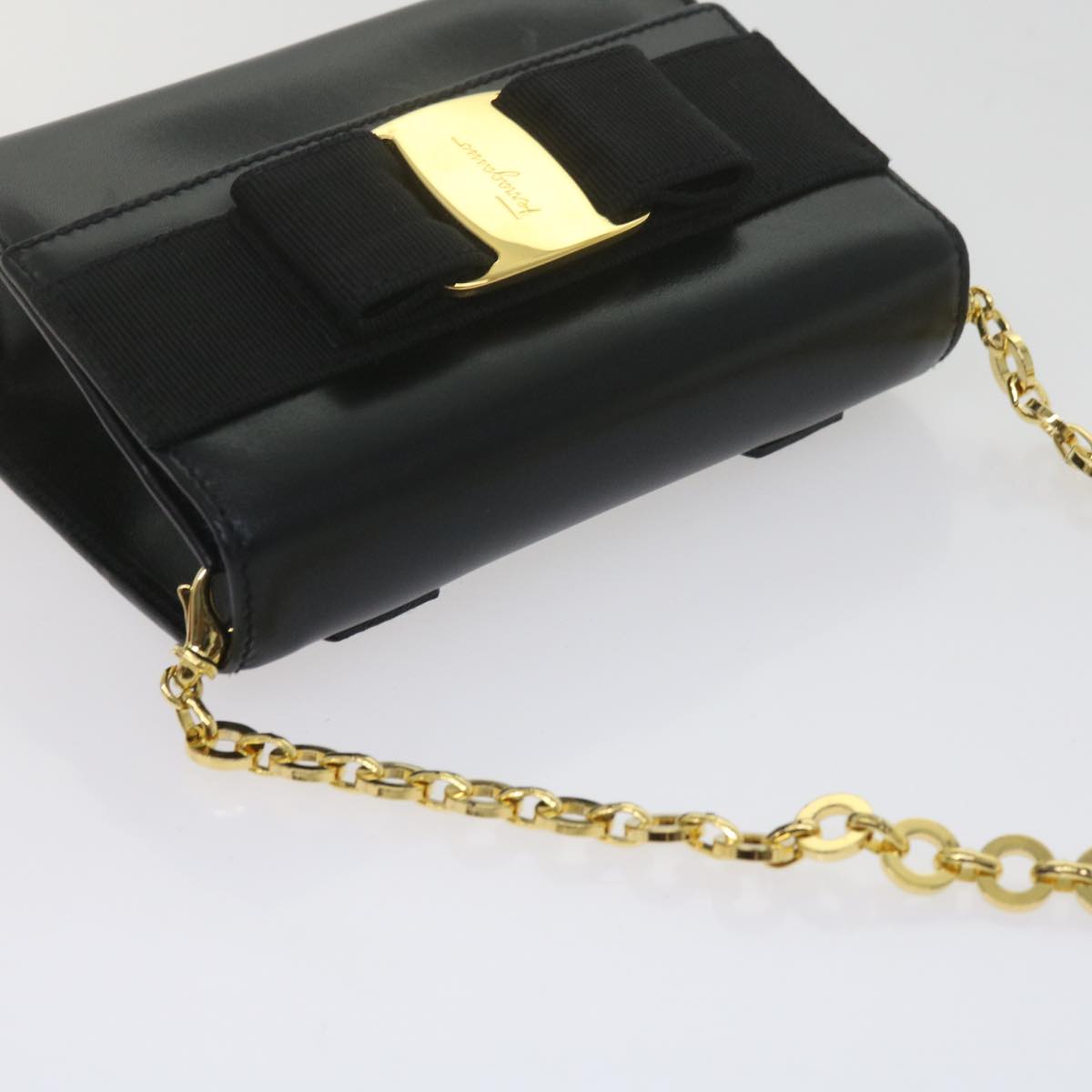 Salvatore Ferragamo Chain Shoulder Bag Leather Black Auth yk9918