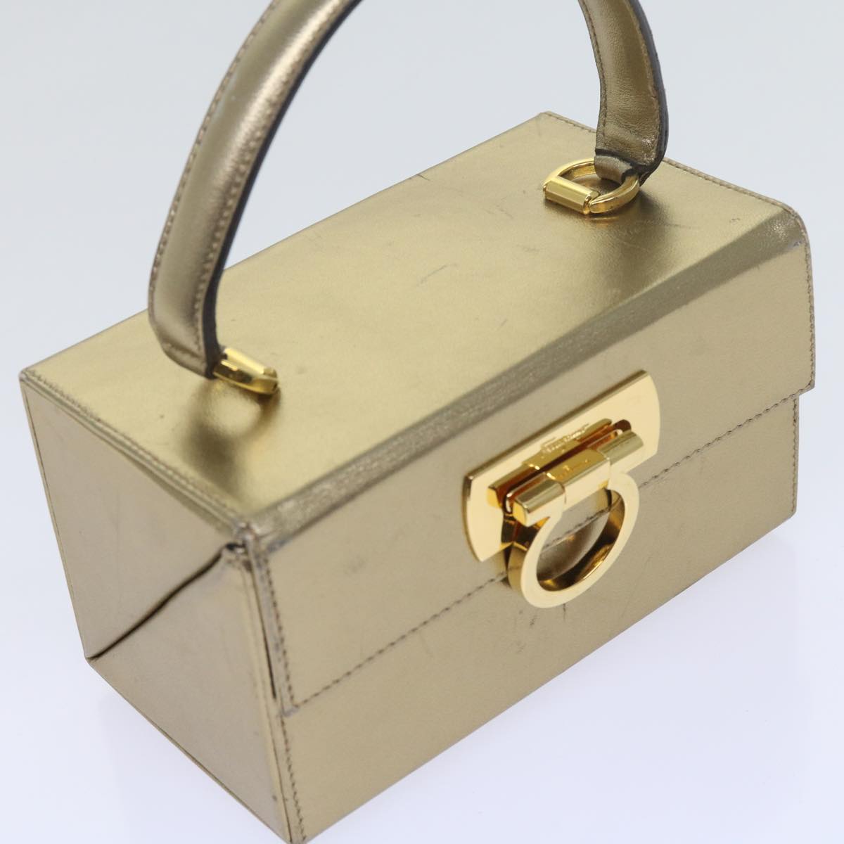 Salvatore Ferragamo Gancini Hand Bag Leather Gold Tone Auth yk9994