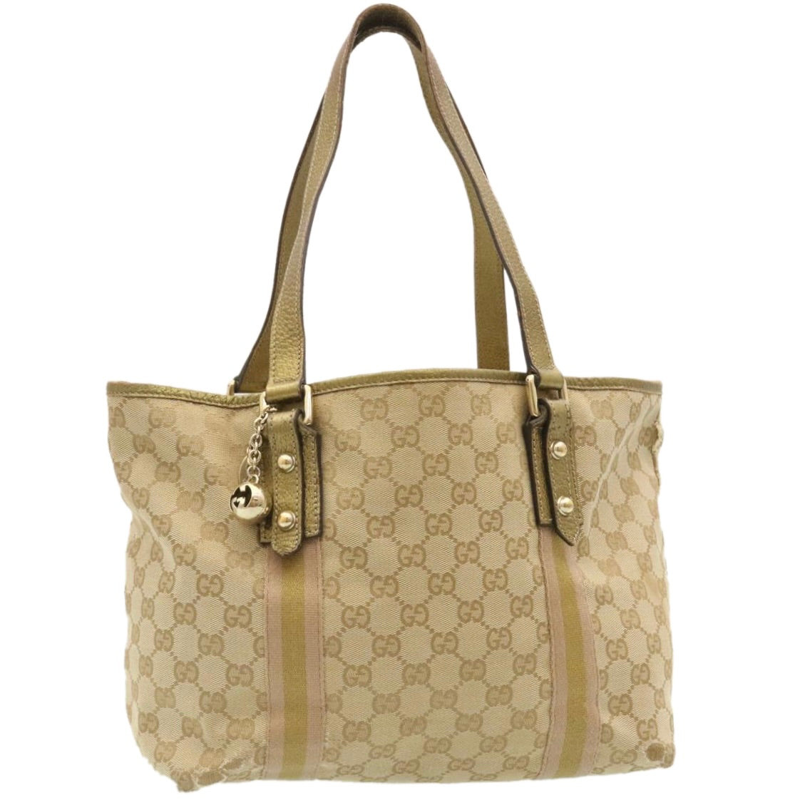 GUCCI Web Sherry Line GG Canvas Tote Bag Beige Pink gold Auth yt703