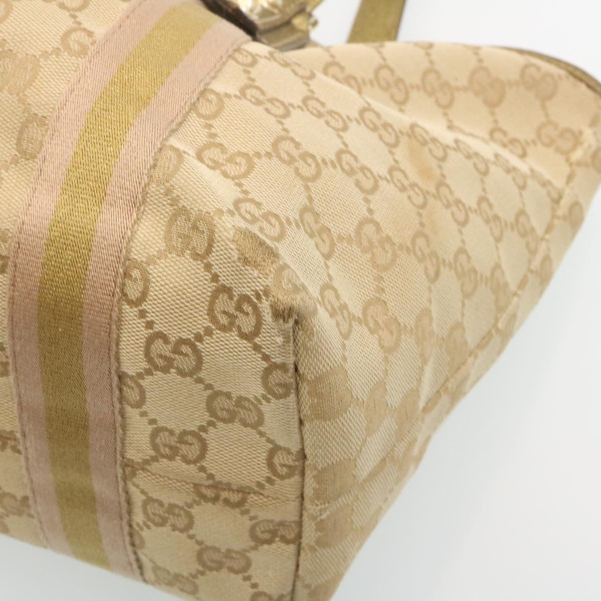 GUCCI Web Sherry Line GG Canvas Tote Bag Beige Pink gold Auth yt703