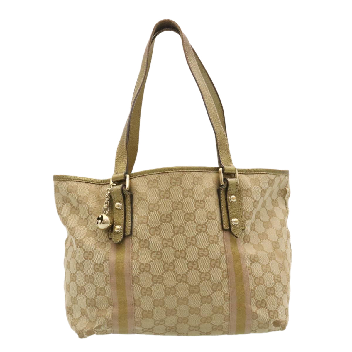 GUCCI Web Sherry Line GG Canvas Tote Bag Beige Pink gold Auth yt703