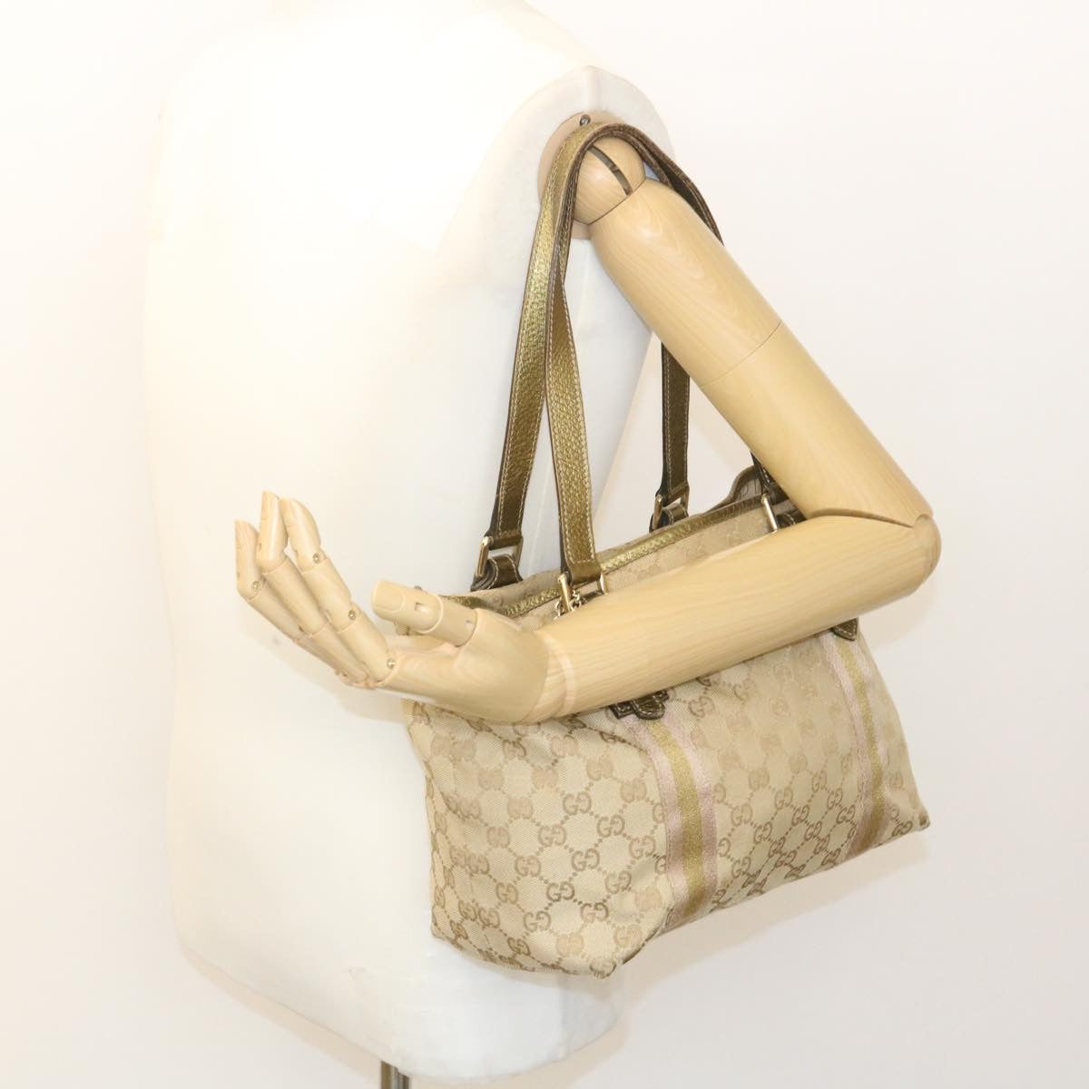 GUCCI Web Sherry Line GG Canvas Tote Bag Beige Pink gold Auth yt703