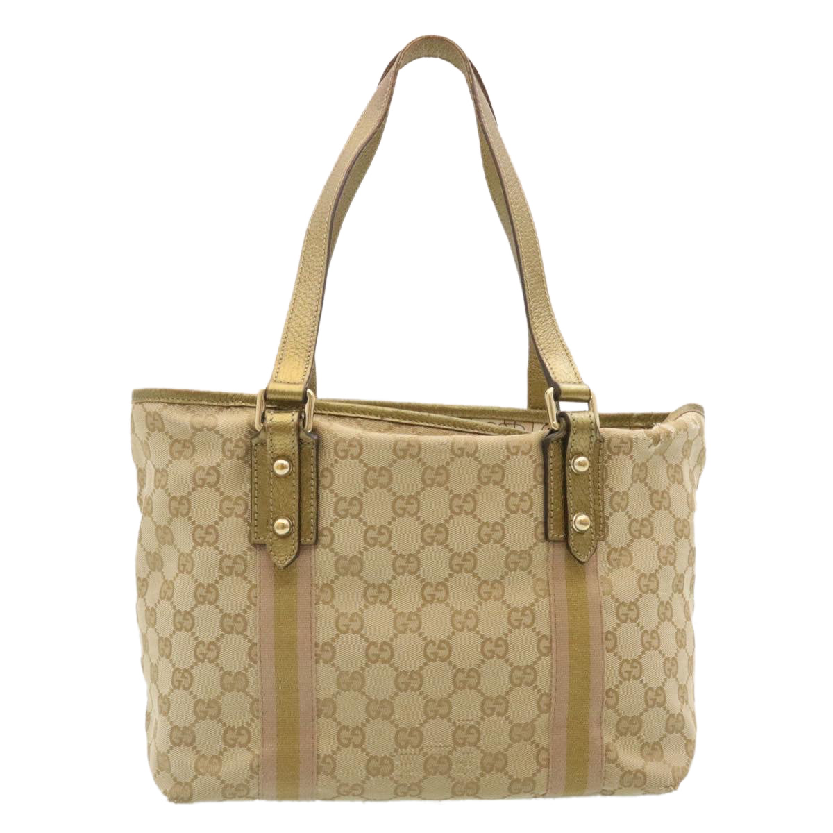 GUCCI Web Sherry Line GG Canvas Tote Bag Beige Pink gold Auth yt703 - 0