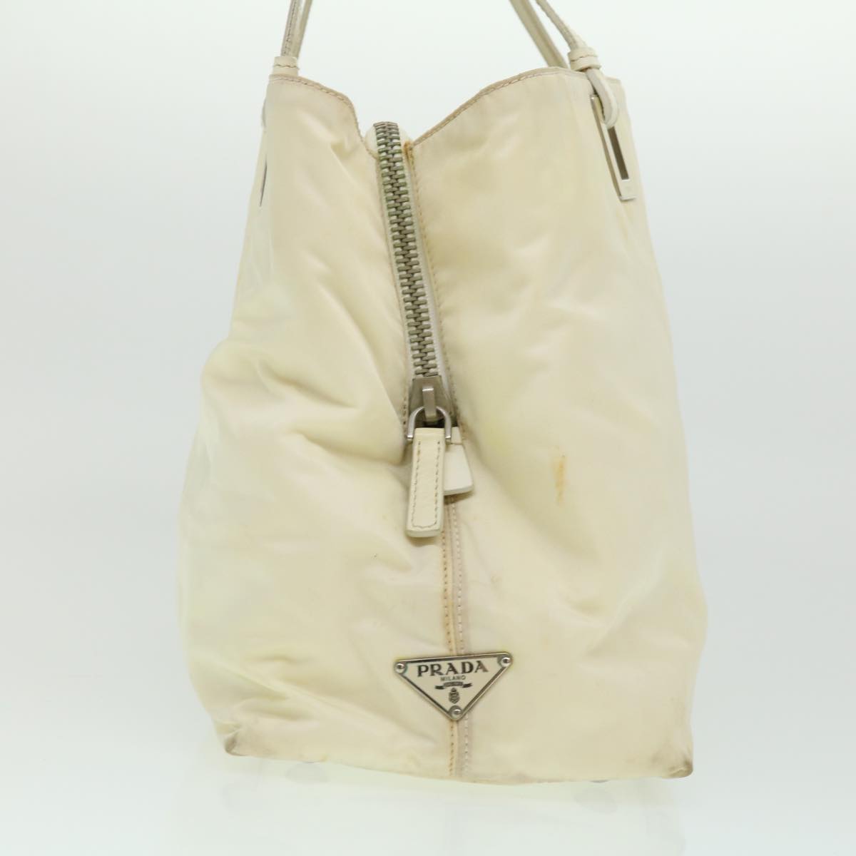 PRADA Tote Bag Nylon Leather Beige Auth yt907