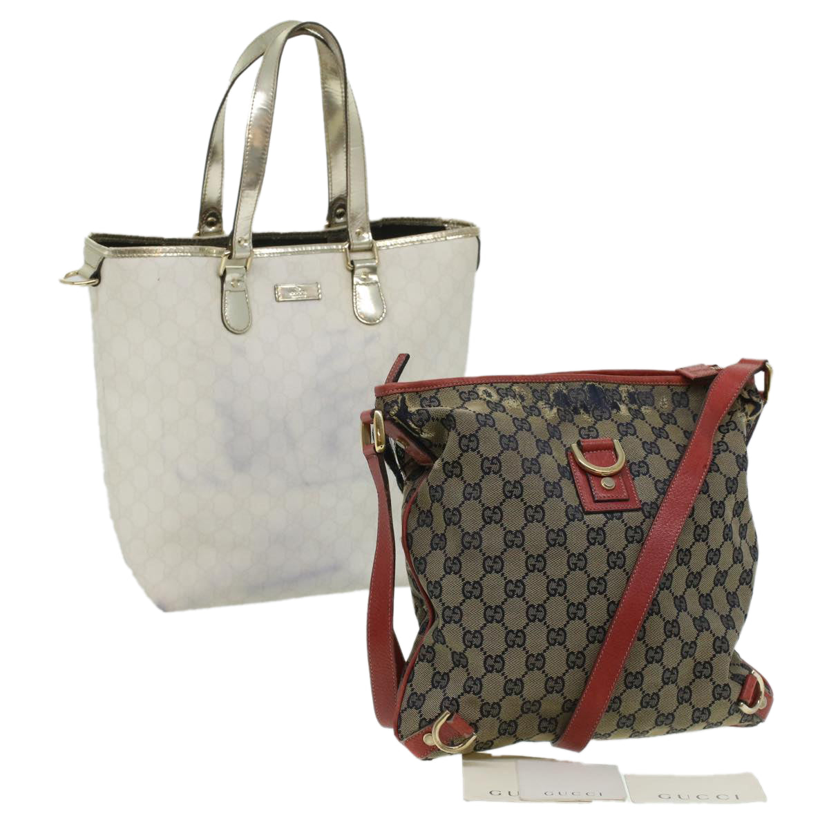 GUCCI GG Canvas Shoulder Tote Bag PVC Leather 2Set White Navy Red Auth yt962