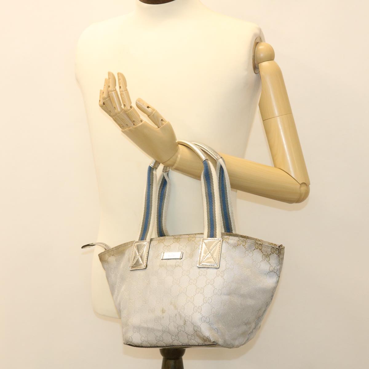 GUCCI GG Canvas Sherry Line Tote Bag Silver Blue gray 131223 Auth yt974