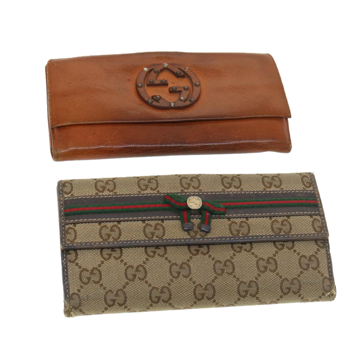 GUCCI GG Canvas Web Sherry Line Long Wallet 2Set Beige Brown Red Auth yt976