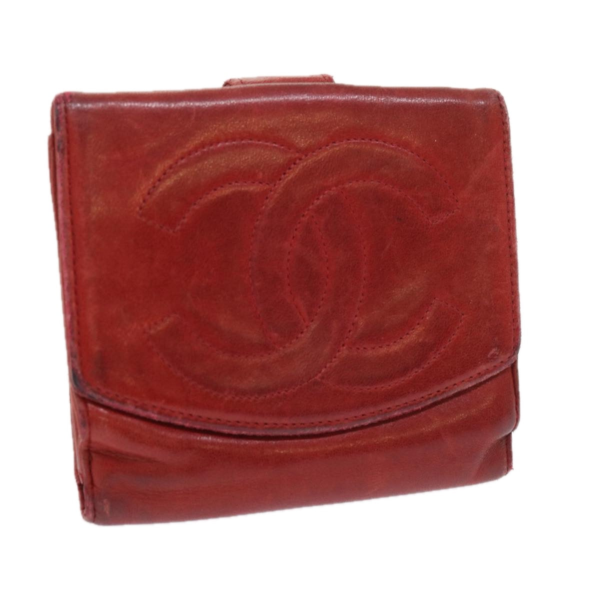 CHANEL Wallet Lamb Skin Red CC Auth yt987