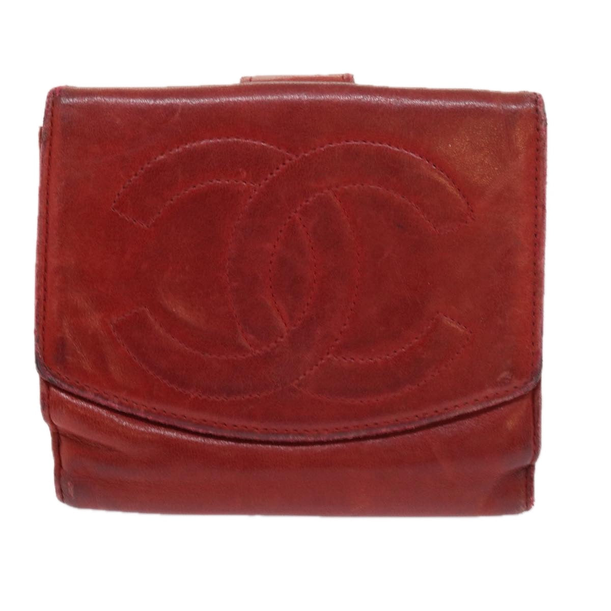 CHANEL Wallet Lamb Skin Red CC Auth yt987